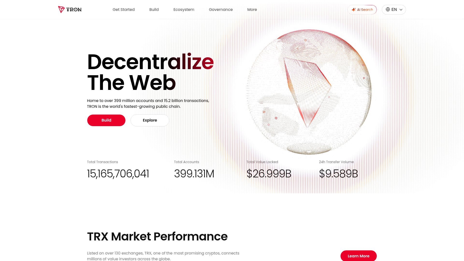 The official TRON network website homepage