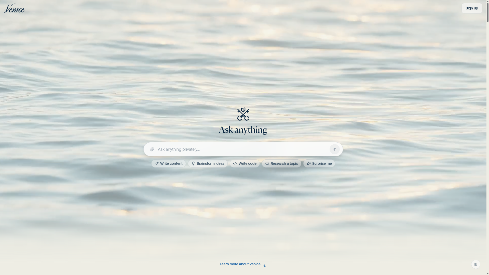 The official Venice AI website homepage