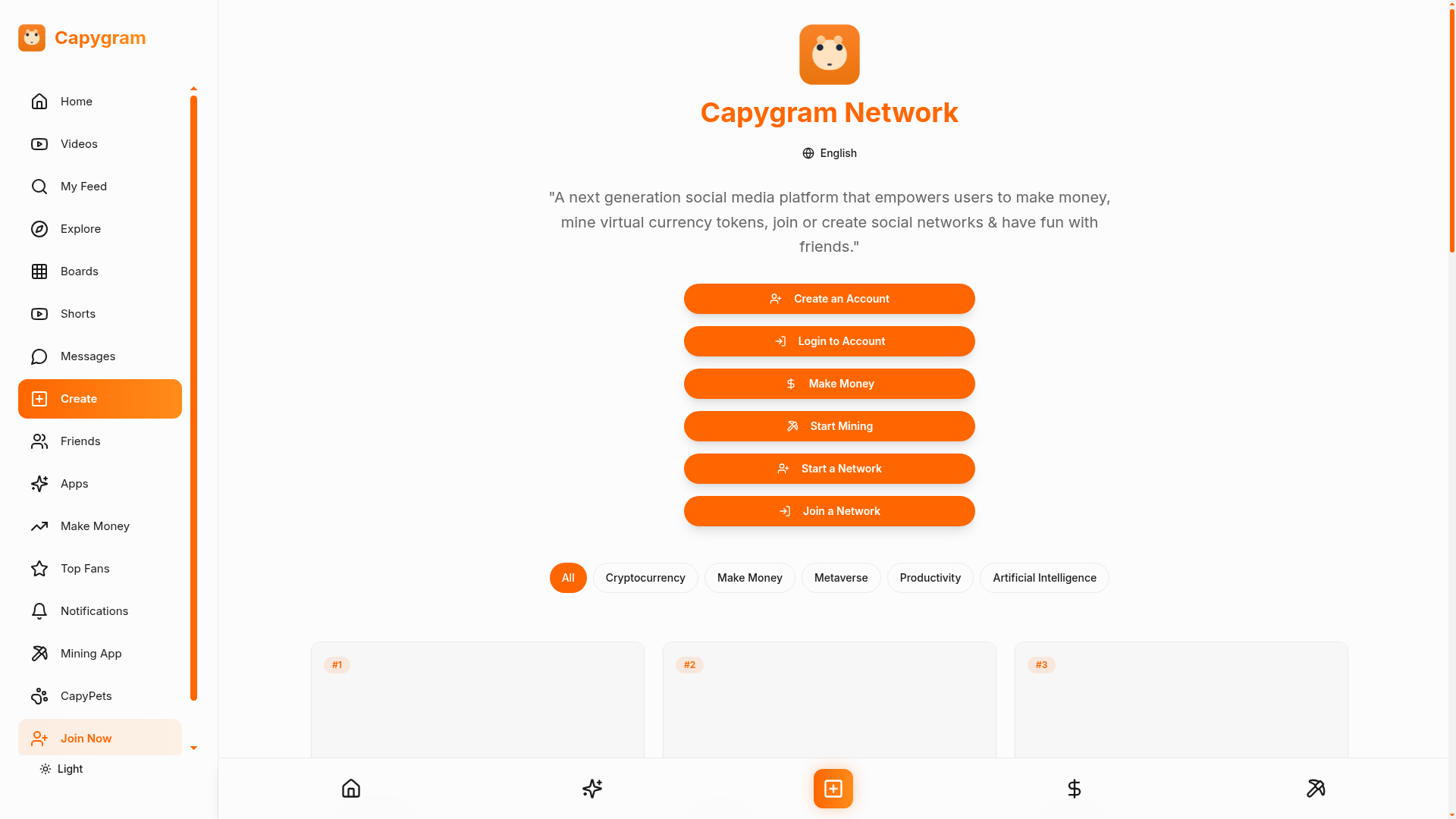 The Capygram Network homepage showing its app directory and mining entry points