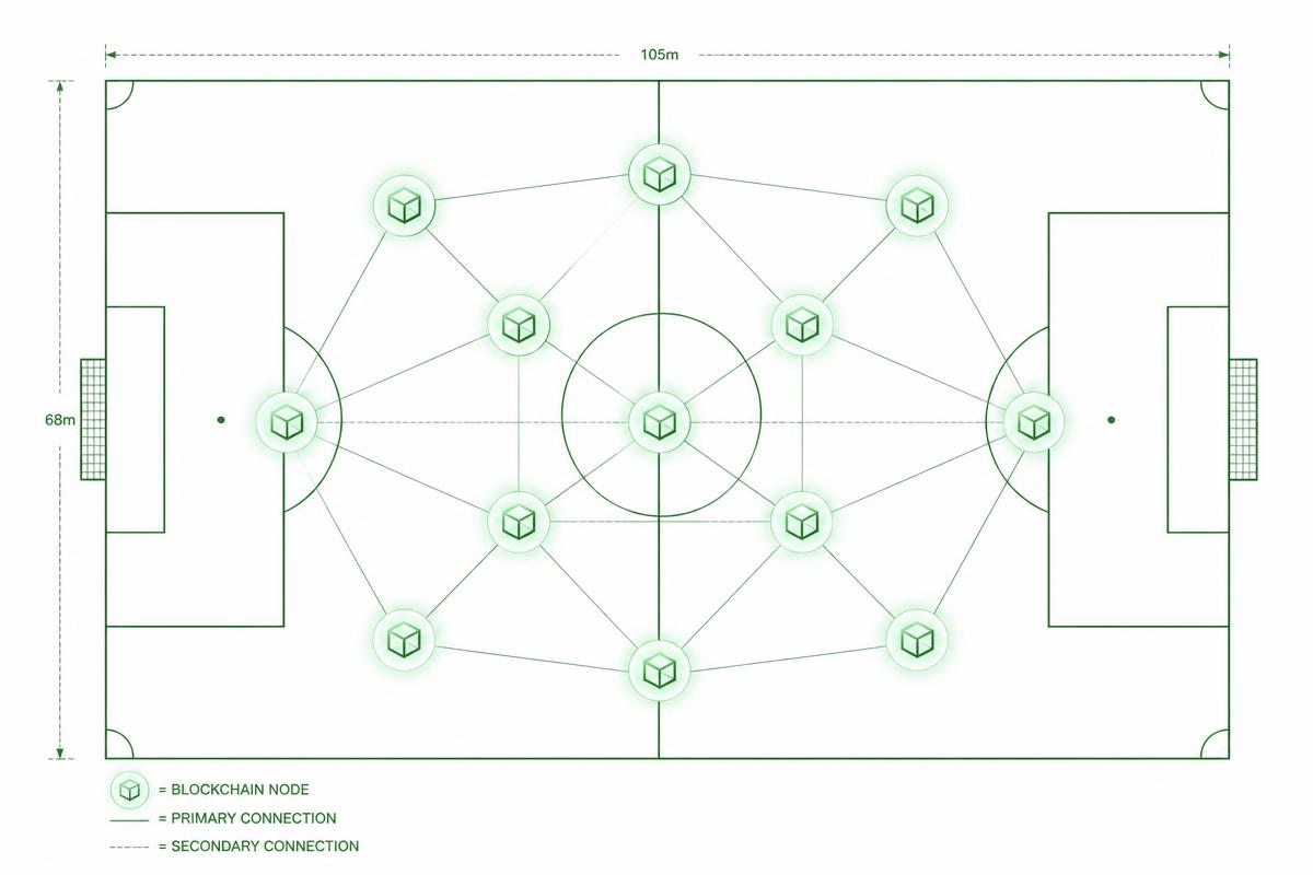 Blueprint of a football pitch with blockchain nodes in place of players